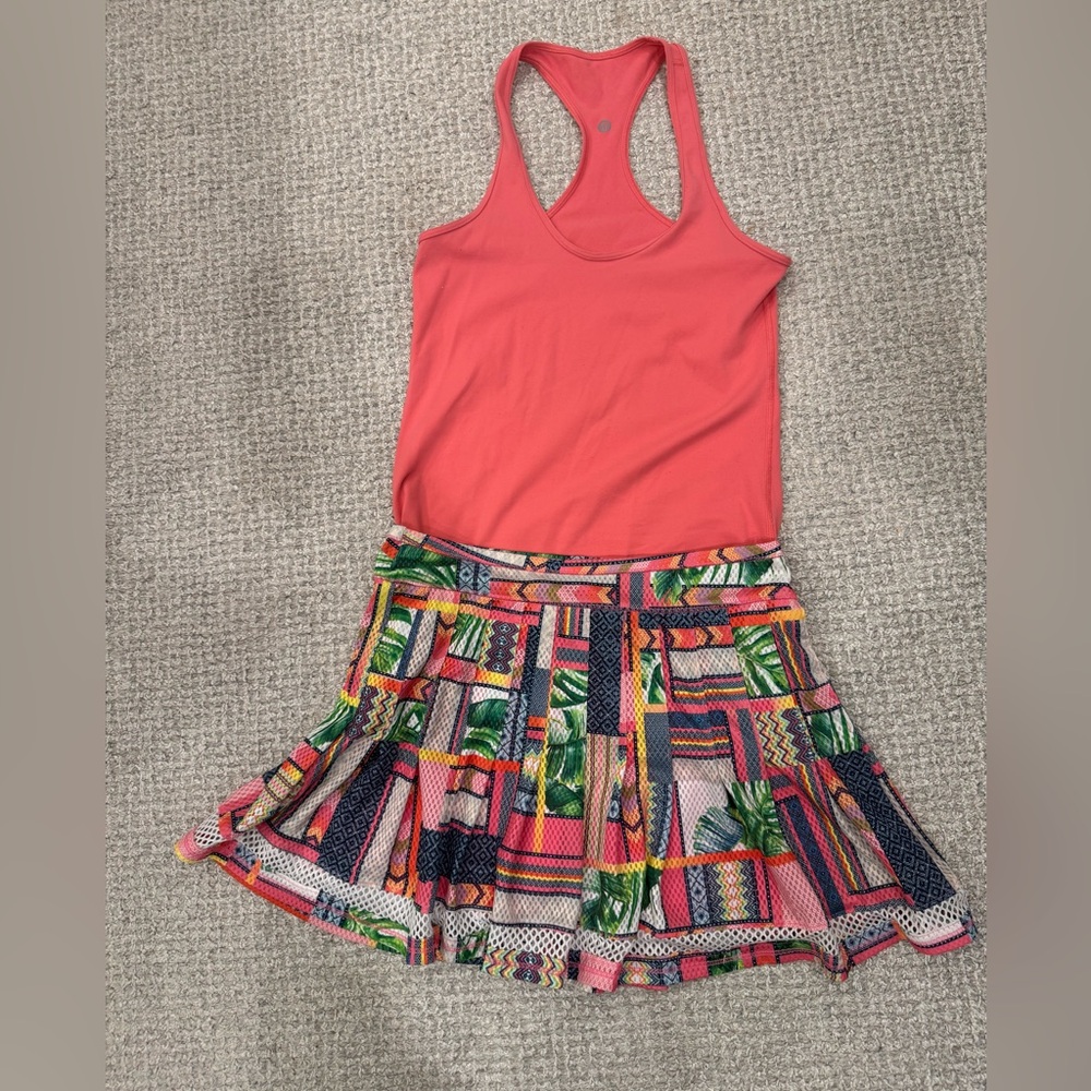 Lululemon & Lucky in Love- Medium Coral Tank with Multicolor  Tennis Skirt